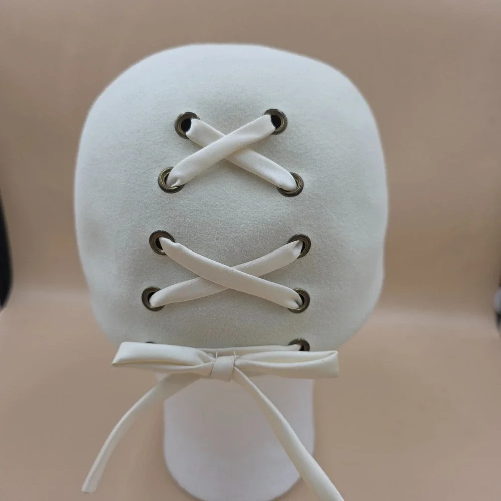 Evelyn Varon Fur Felt Cloche Hat Ivory Cream Ribbon Lace Up Back Corset Womens